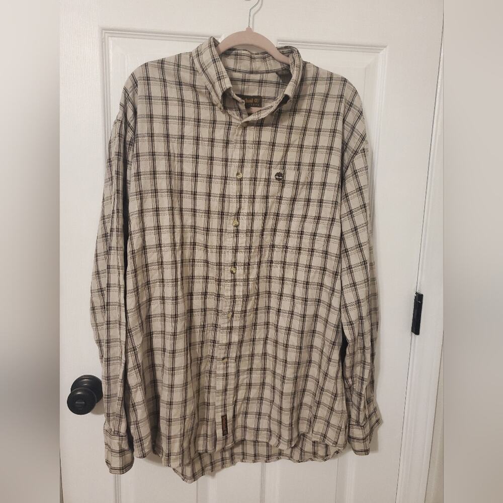 VTG Timberland Weathergear Neutral Plaid Button-Up Shirt 100% Cotton Size L